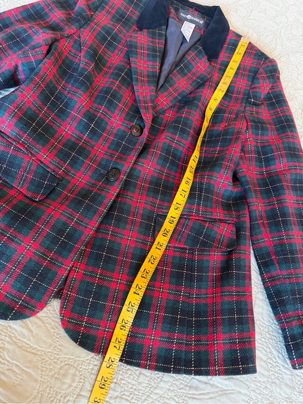 Vintage 90s Tartan Plaid Wool Blazer Red Green Holiday Preppy Equestrian 12 - Picture 12 of 12
